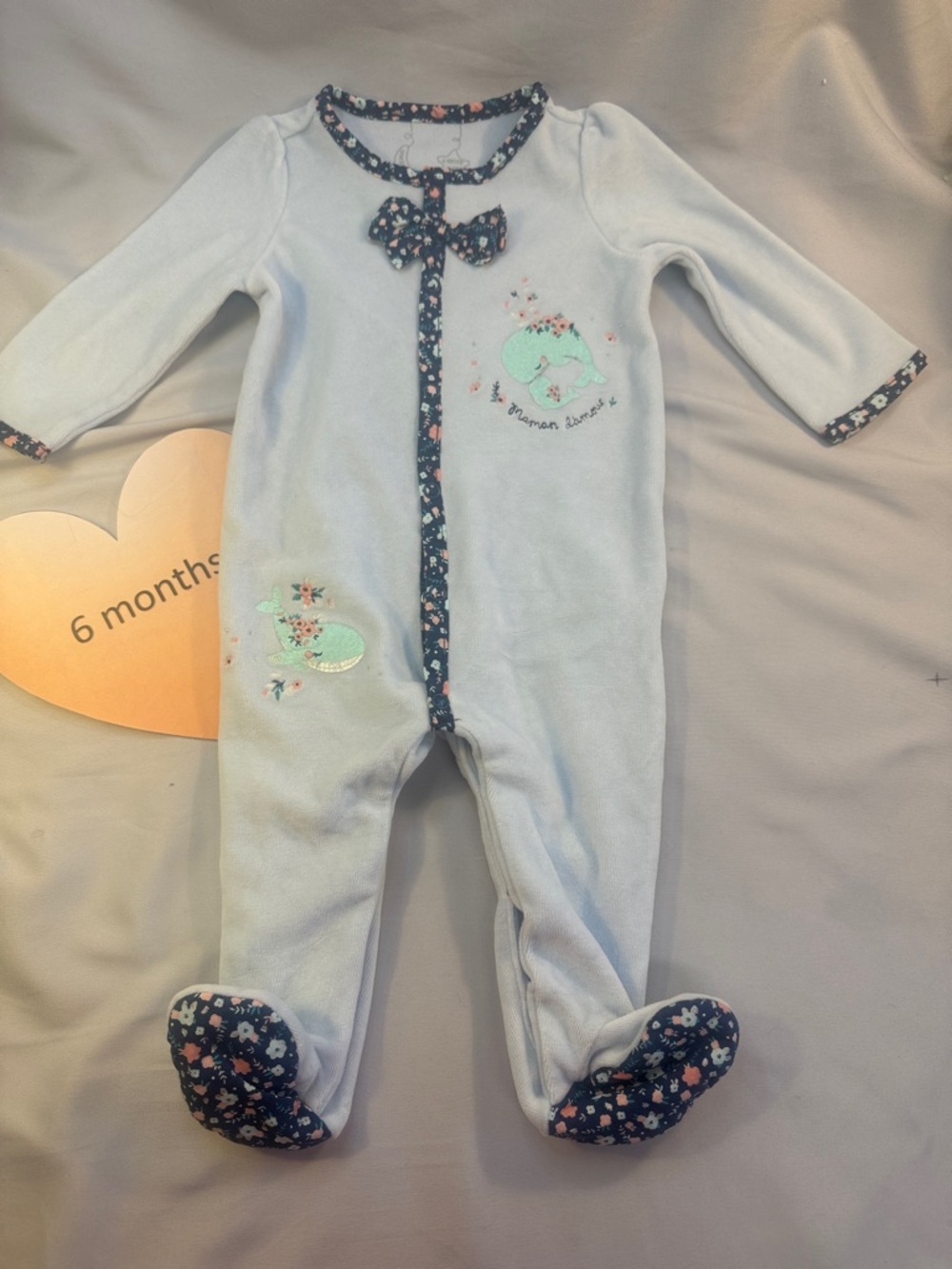 Infant Light Blue velour Footed One-Piece with Whale Appliqué